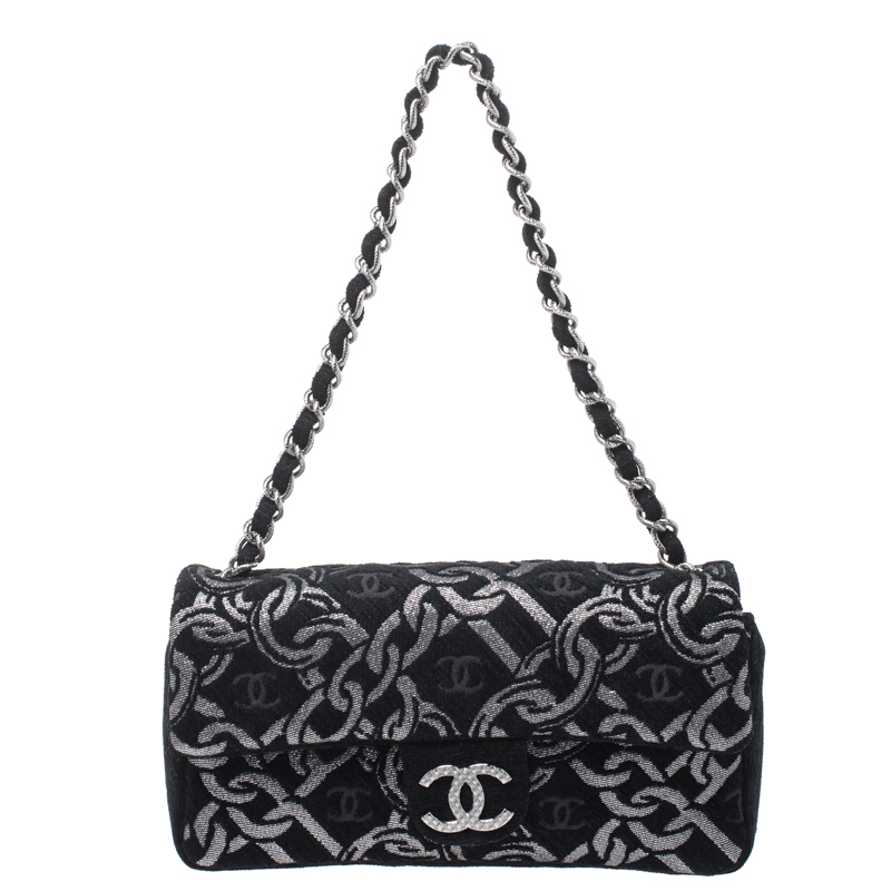 Chanel Black/Silver CC Chain Print Fabric Single Flap Bag