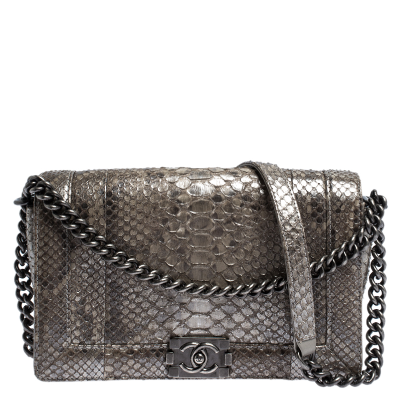 Pre-owned Chanel Metallic Grey Python New Medium Boy Flap Bag