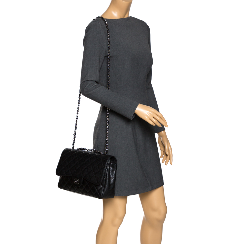 

Chanel Black Quilted Caviar Leather Jumbo Classic Single Flap Bag