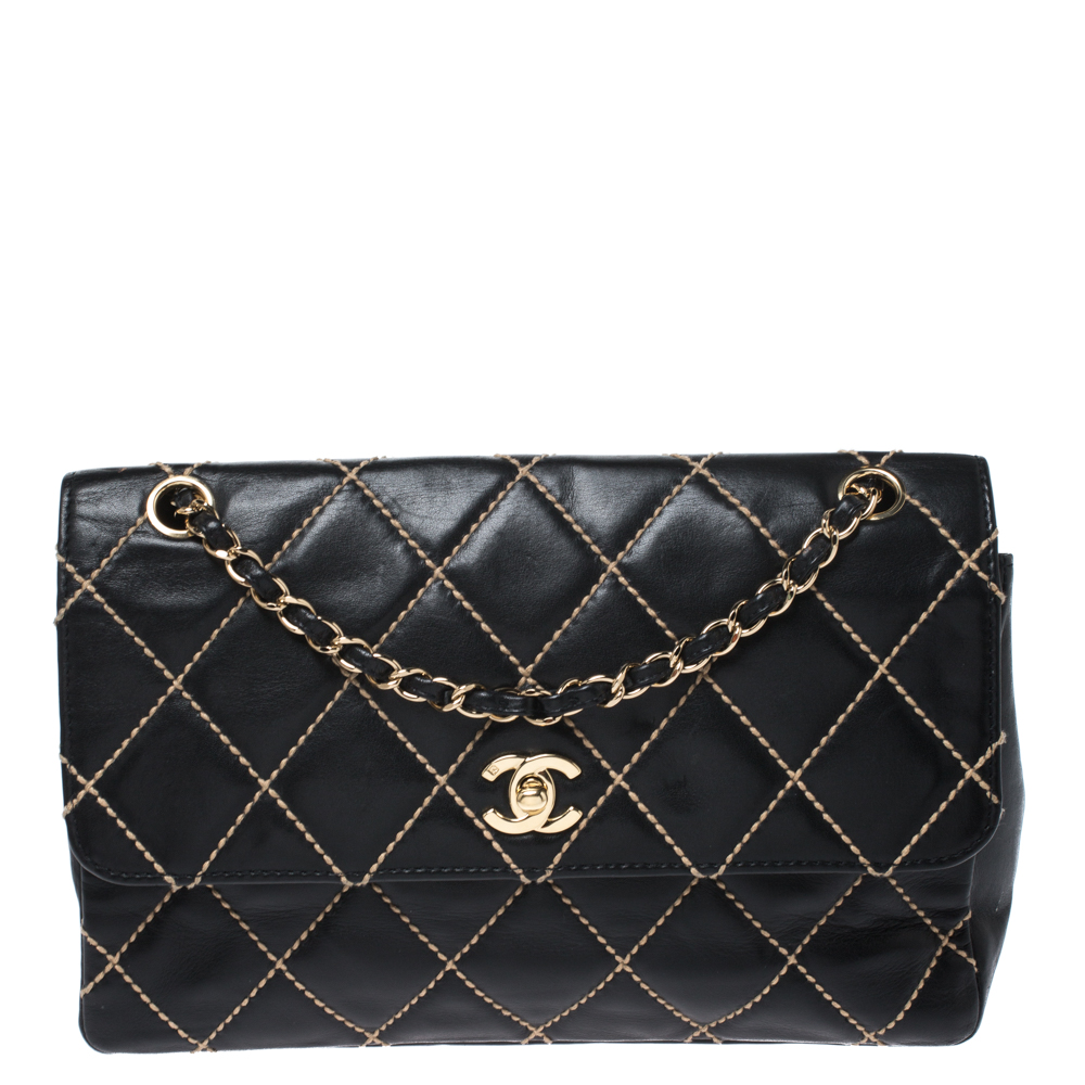 Pre-owned Chanel Black Quilted Leather Wild Stitch Surpique Flap Bag