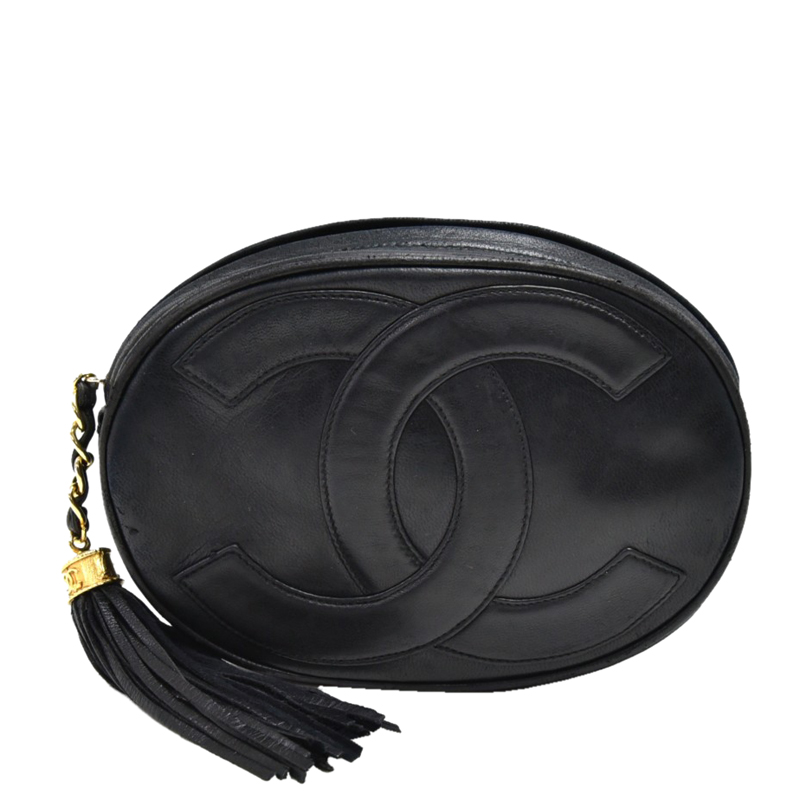 Chanel Black Leather CC Large Oval Clutch