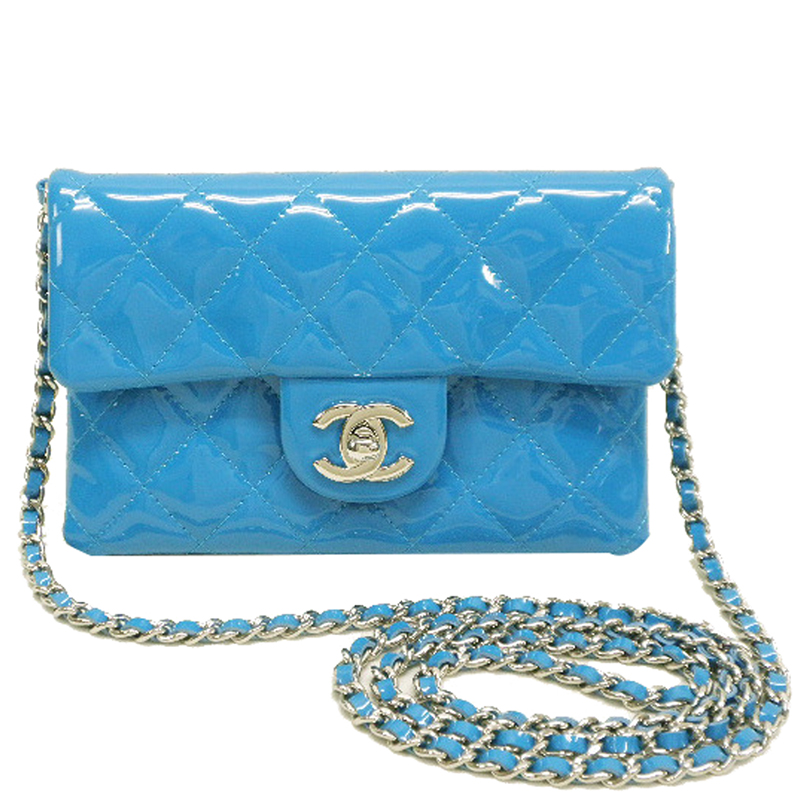 Pre-owned Chanel Blue Patent Quilted Leather Chain Flap Bag