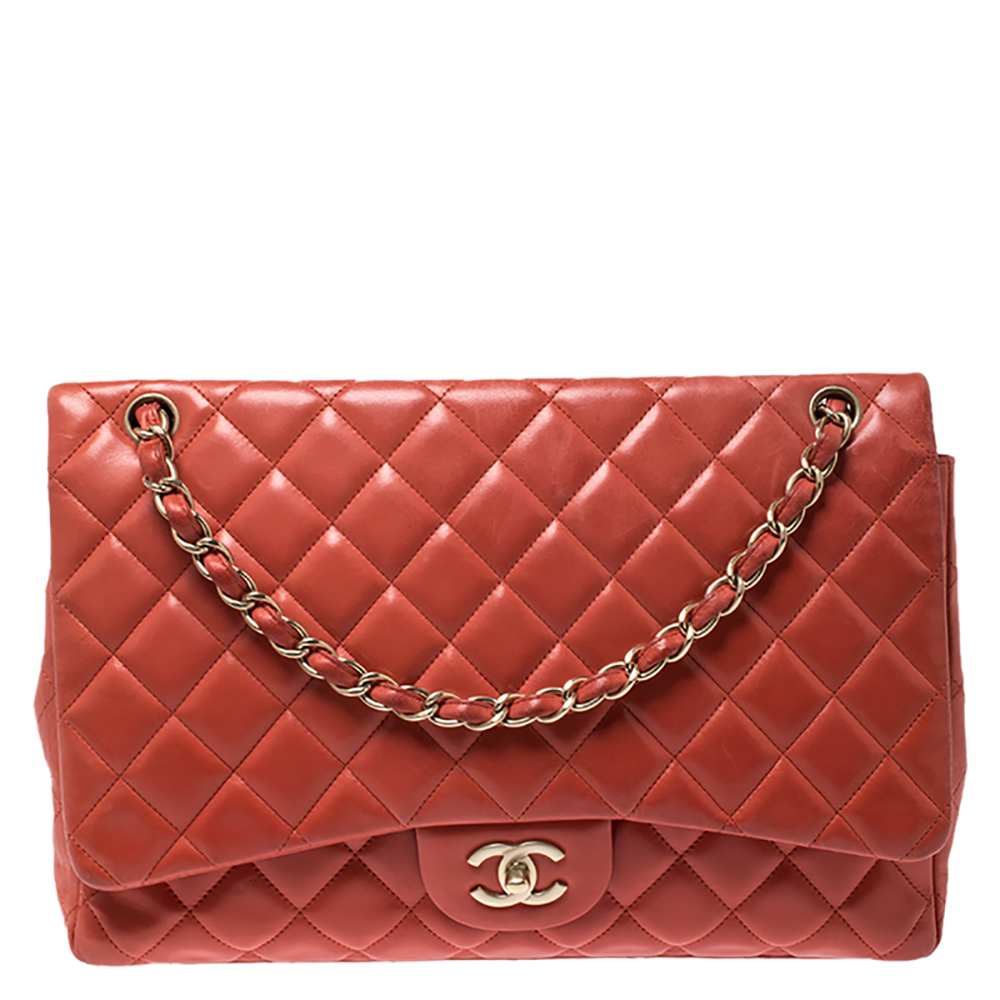 Pre Owned حقيبة شانيل قلاب كلاسيك ماكسي جلد مبطنة برتقالية