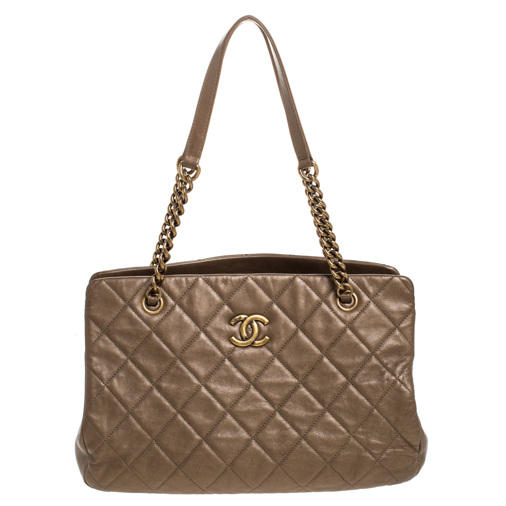 Pre Owned Chanel Metallic Bronze Quilted Leather CC Crown Tote