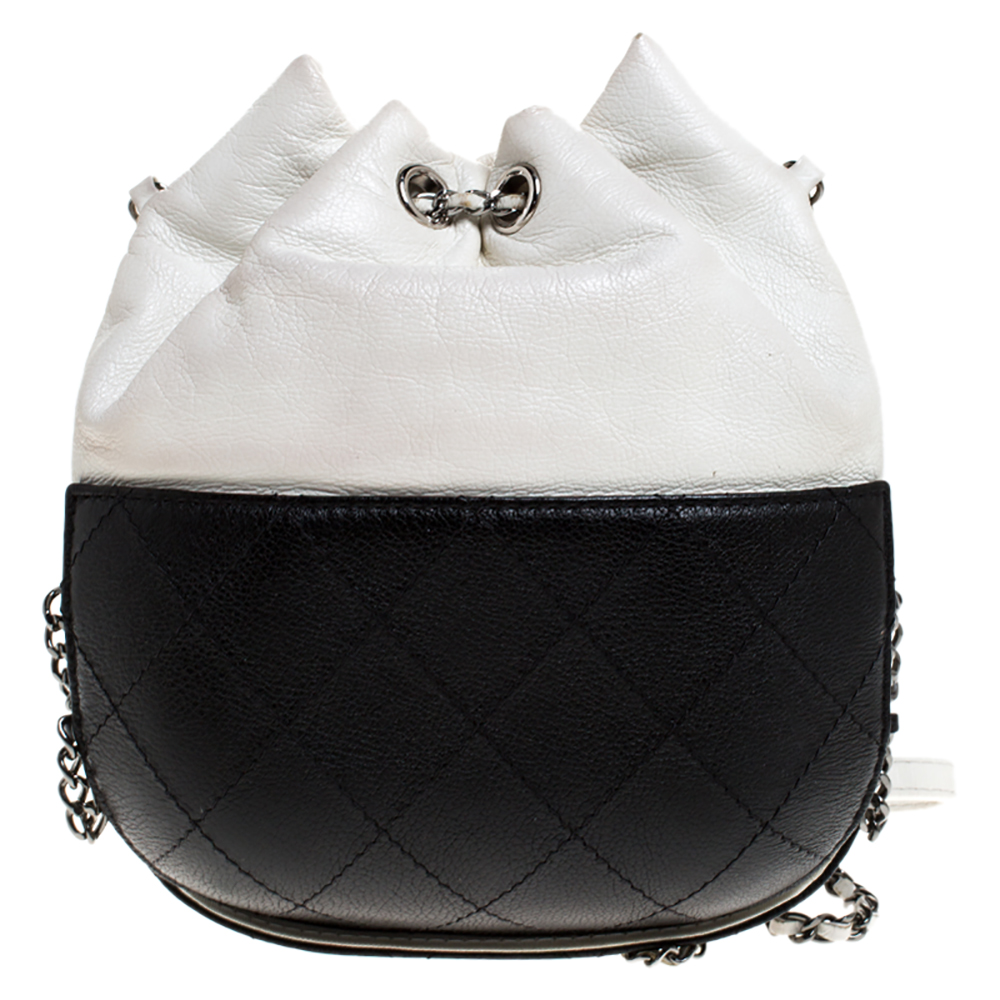 CHANEL Aged Calfskin Quilted Small Gabrielle Bucket White Black 1219848