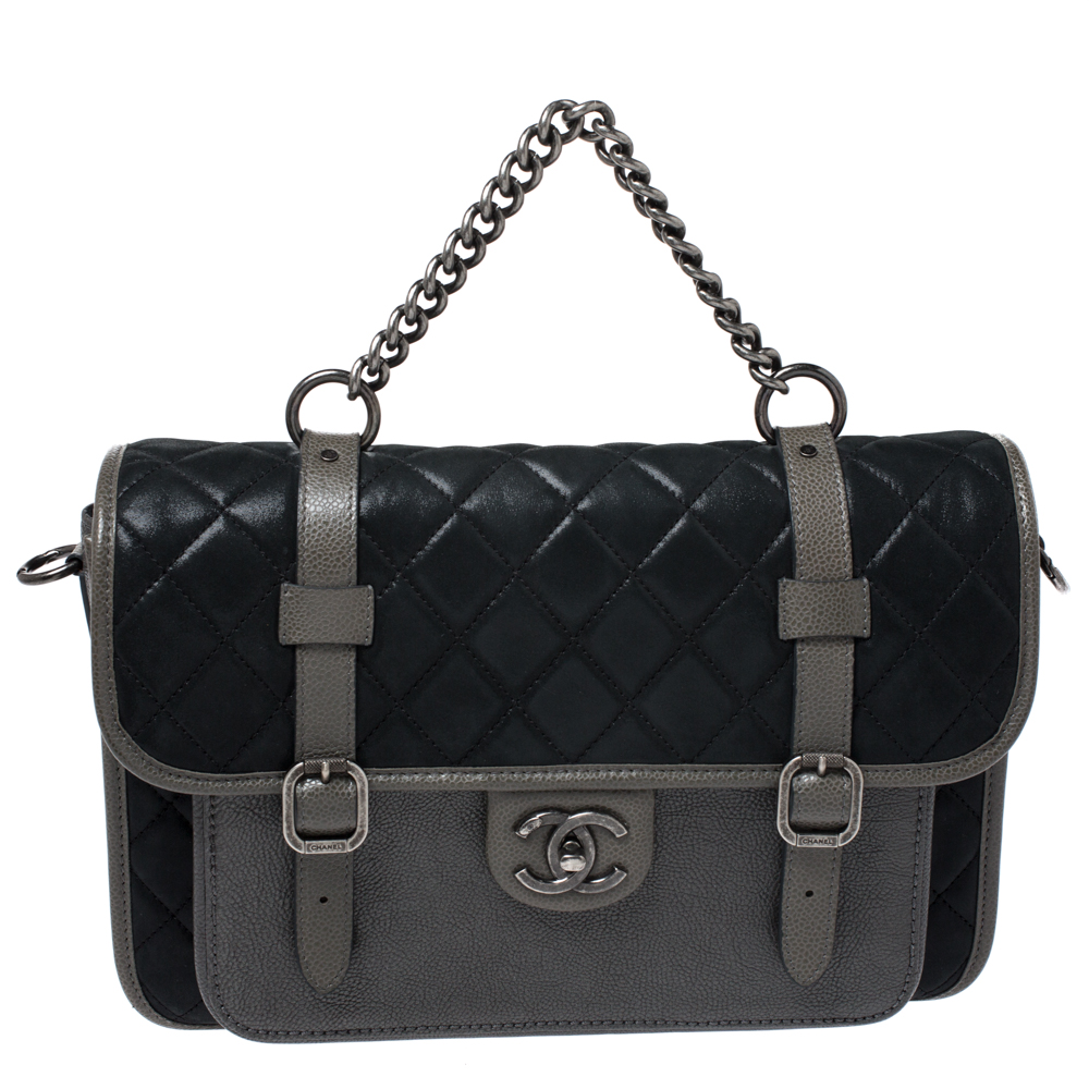 Chanel Metallic Grey/Black Iridescent Leather Paris Bombay Back To School Messenger Bag 