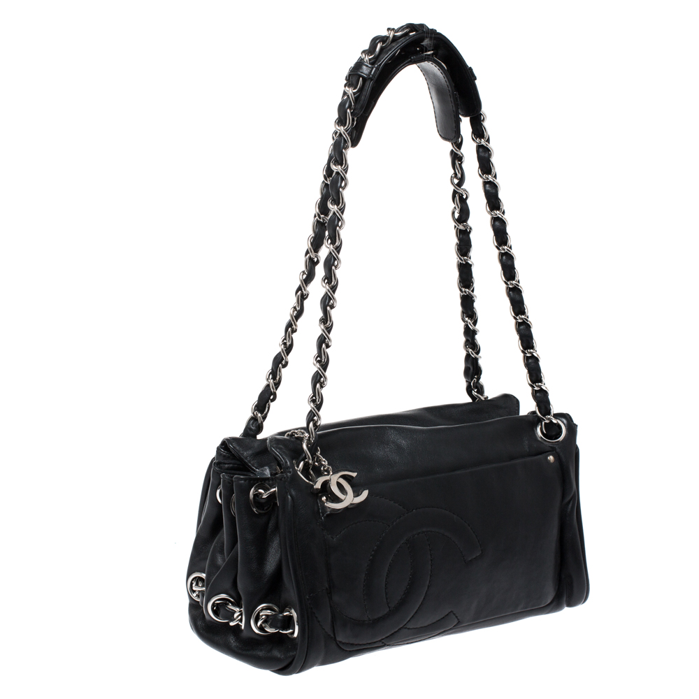 Chanel Black Leather Diagonal CC Ligne Accordion Shoulder Bag Chanel