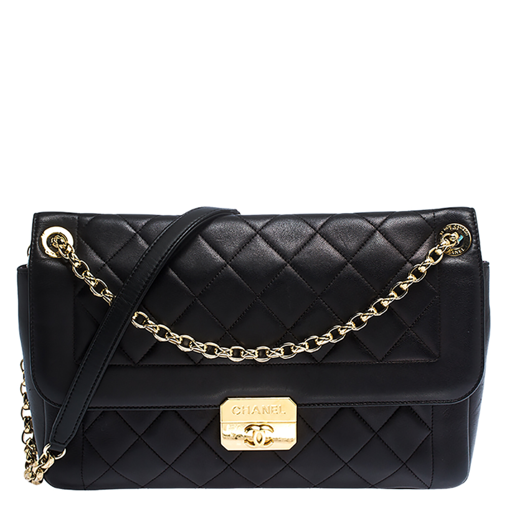 Pre Owned Chanel Black Quilted Leather Retro Clasp Flap Bag