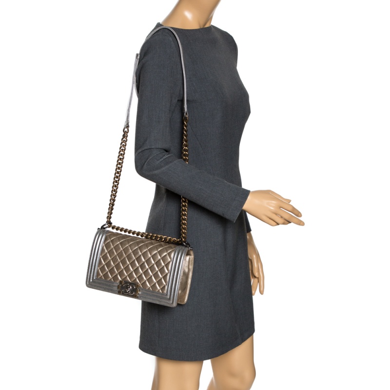 

Chanel Gold/Grey Quilted Leather  Boy Flap Bag