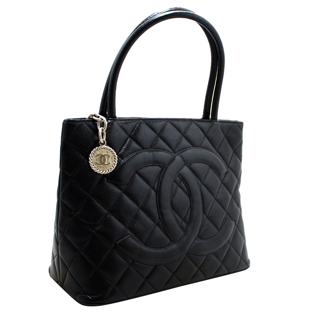 chanel black quilted caviar leather medallion tote