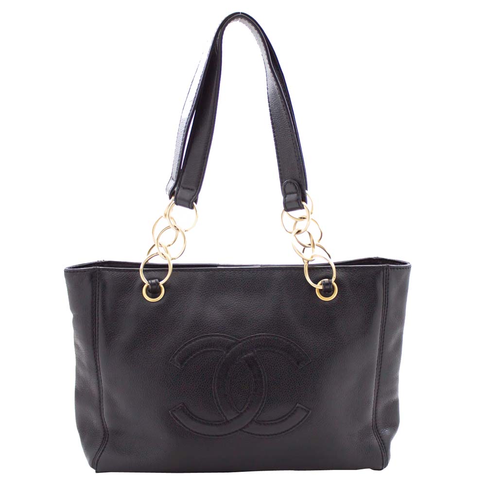 Pre-owned Chanel Black Caviar Leather Cc Chain Tote Bag