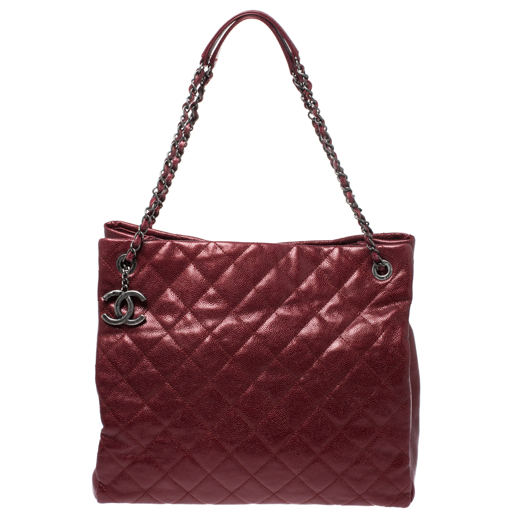Pre Owned Chanel Metallic Red Caviar Leather Shopper Tote