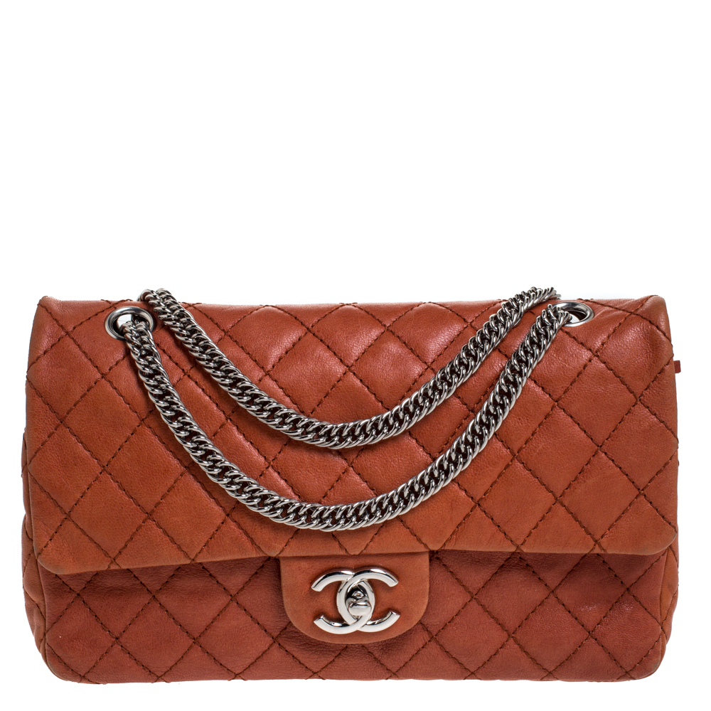 Chanel Orange Quilted Leather Medium Classic Double Flap Bag Chanel ...