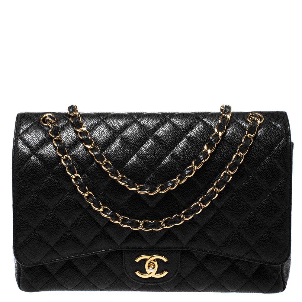 Pre Owned Chanel Black Quilted Caviar Leather Maxi Classic Double Flap