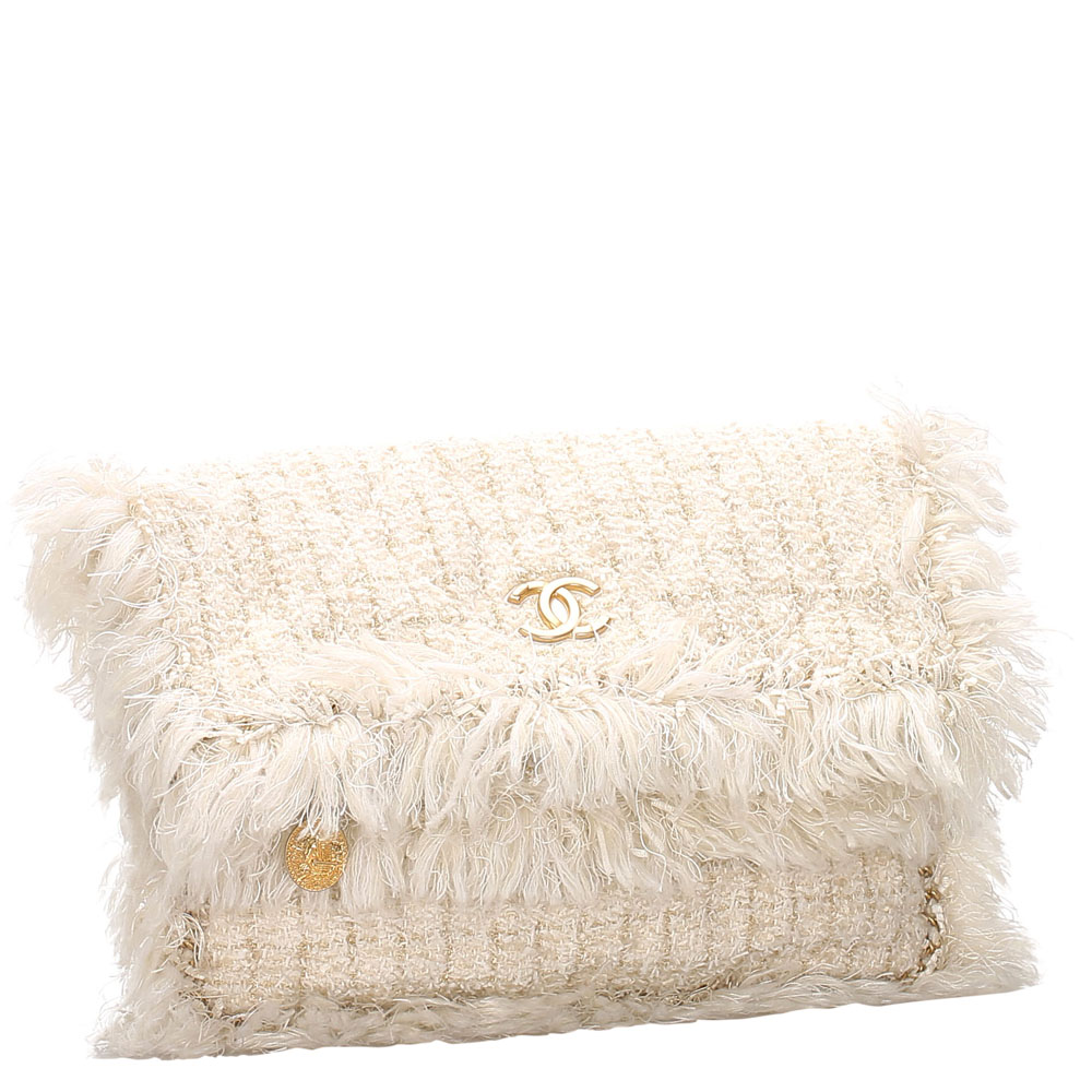 

Chanel White Tweed Paris-Cosmopolite Fringe Clutch Bag, Gold