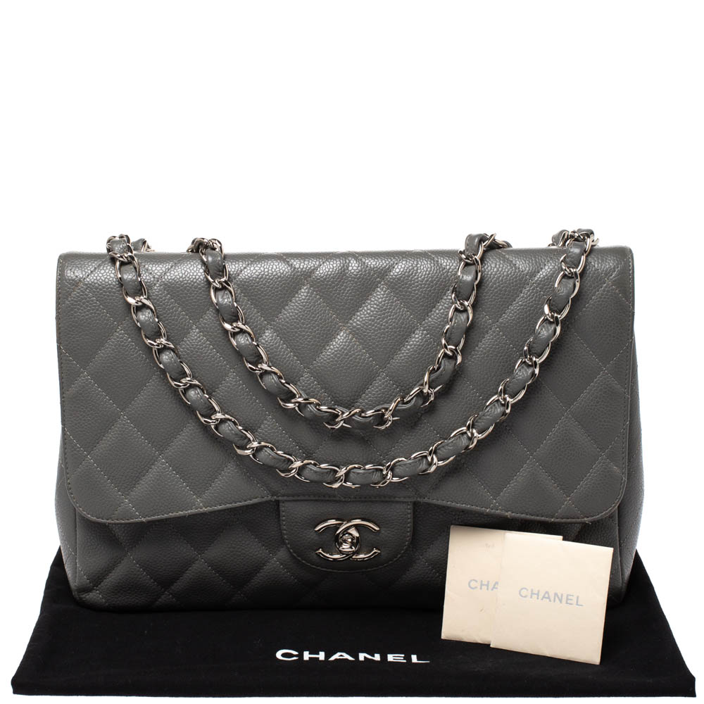Chanel Grey Quilted Caviar Leather Jumbo Classic Single Flap Bag