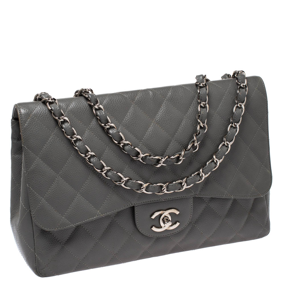 Chanel Grey Quilted Caviar Leather Jumbo Classic Single Flap Bag