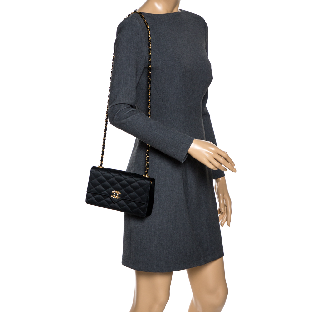 

Chanel Black Satin Vintage Crystal CC Small Flap Bag