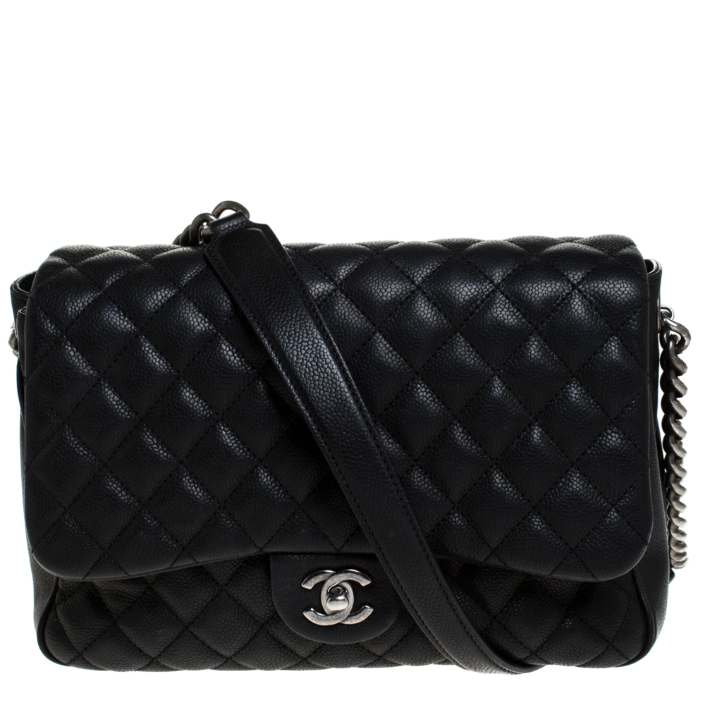 Pre Owned Chanel Black Quilted Caviar Leather Flap Bag