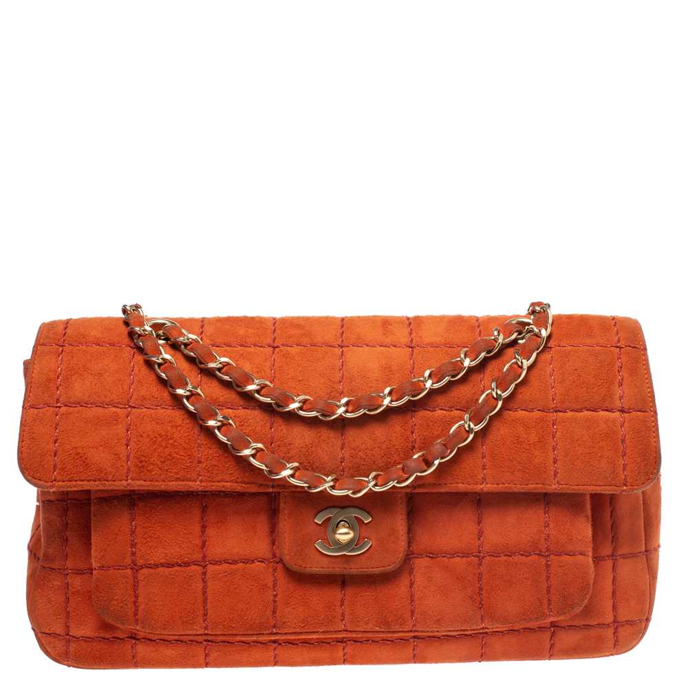 Chanel Orange Stitch Square Quilted Suede Single Flap Bag