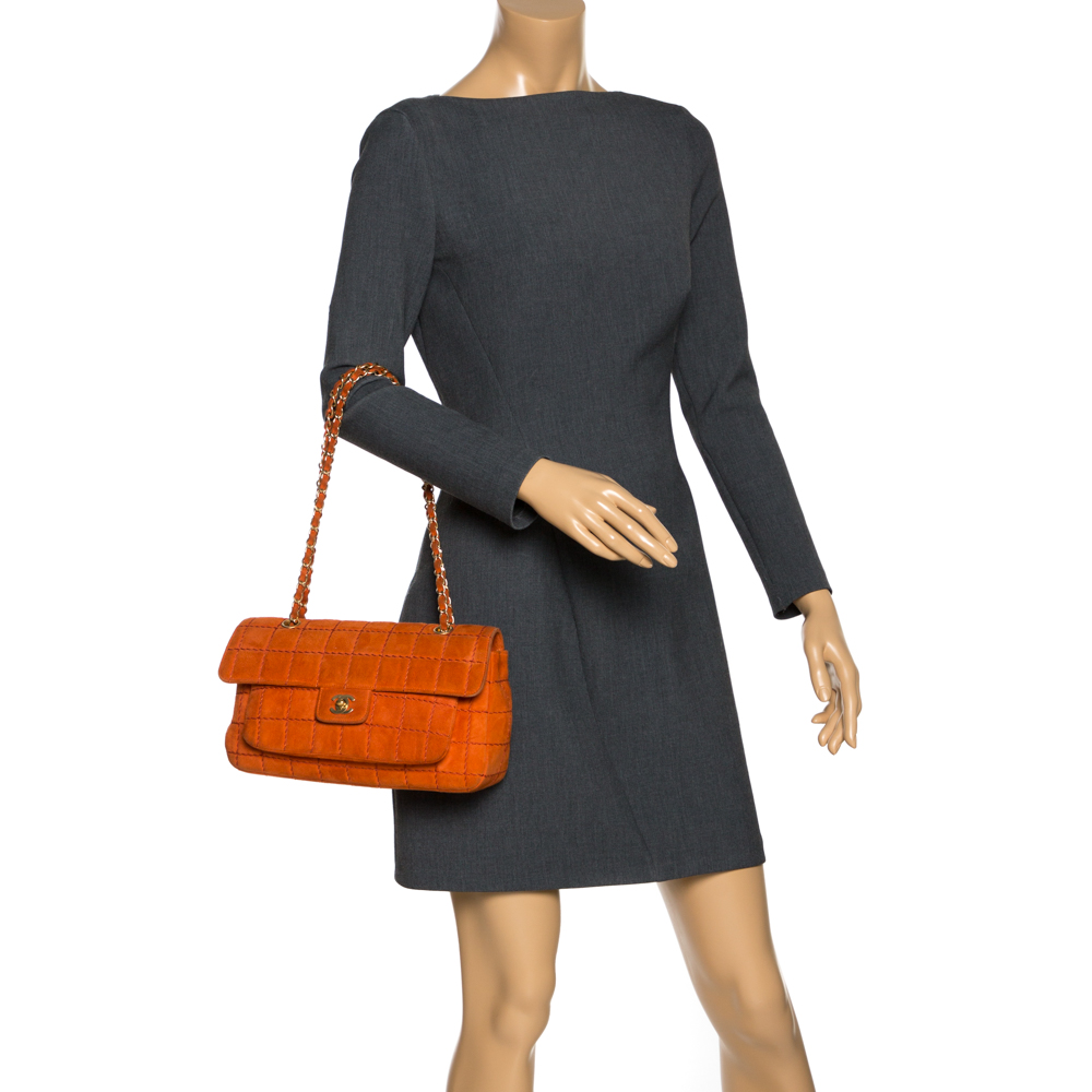 

Chanel Orange Stitch Square Quilted Suede Single Flap Bag