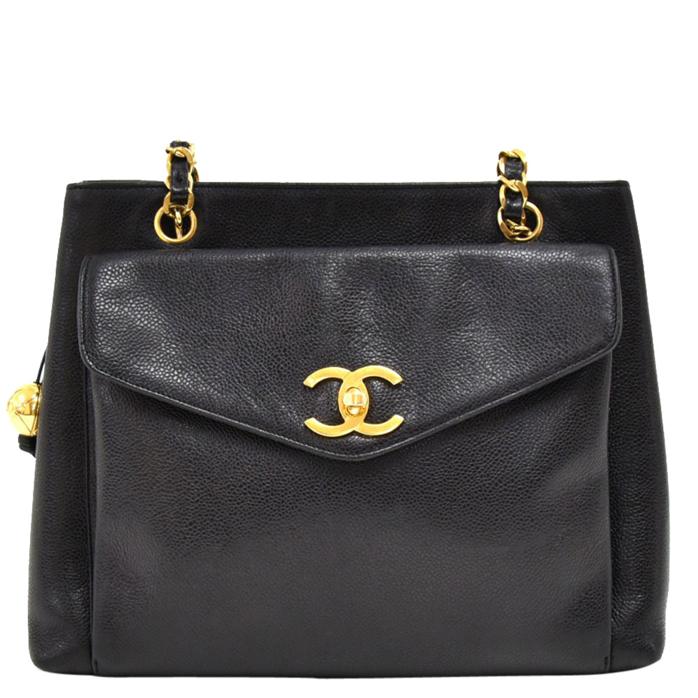 Pre Owned Chanel Black Caviar Leather Front Envelope Pocket Chain Shoulder Bag