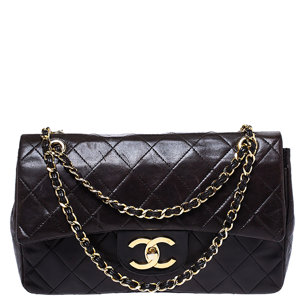 Pre Owned Chanel Black Quilted Leather Medium Vintage Classic Double Flap Bag