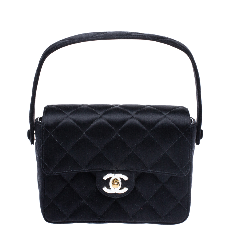 Pre Owned Chanel Black Quilted Satin Top Handle Bag