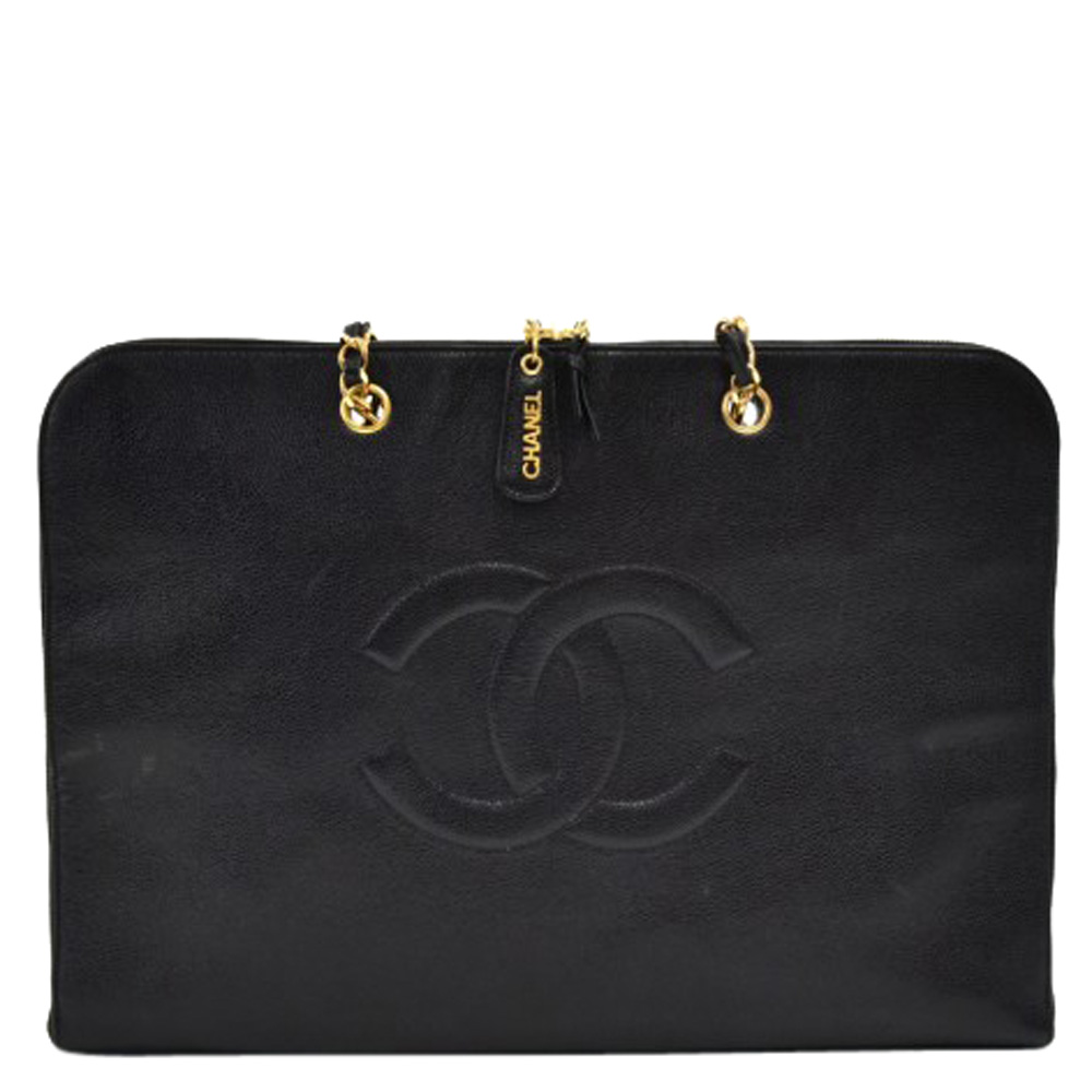 Chanel Black Caviar Leather Flat Shoulder Bag/ Document Case