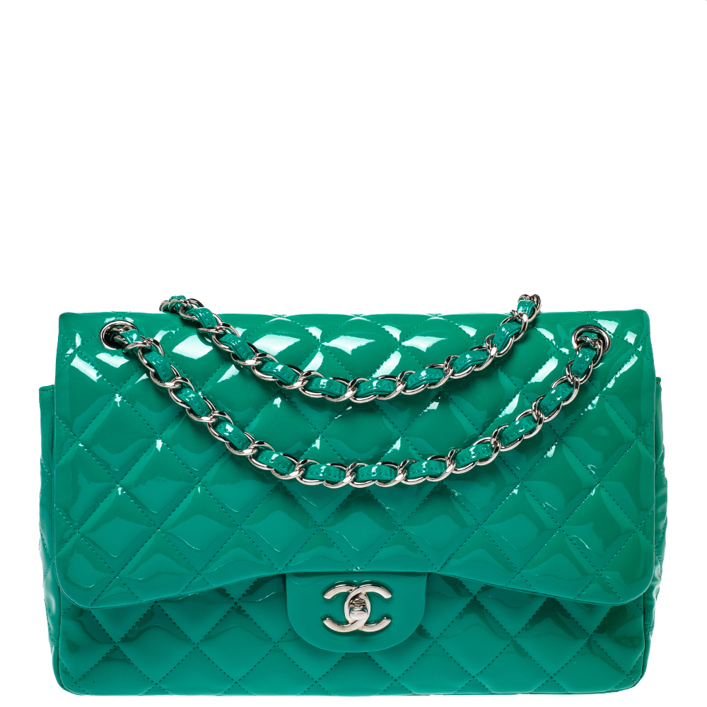 Chanel Green Quilted Patent Leather Classic Jumbo Double Flap Bag - Yoogi's  Closet