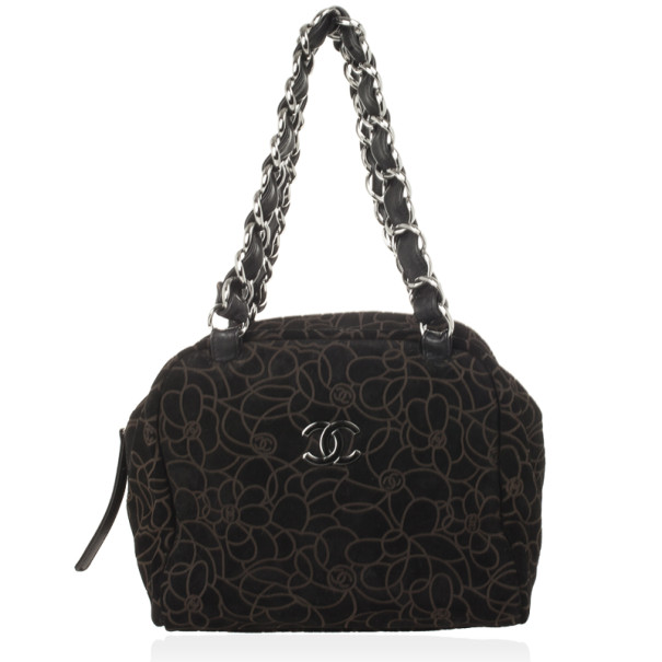 Pre Owned Chanel Black Suede Camelia Embossed Boston bag