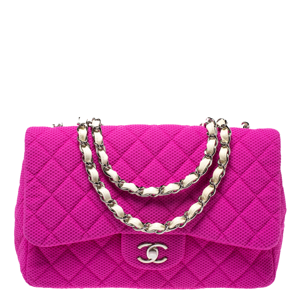 Chanel Pink/White Quilted Perforated Jersey Jumbo Classic Single Flap Bag         