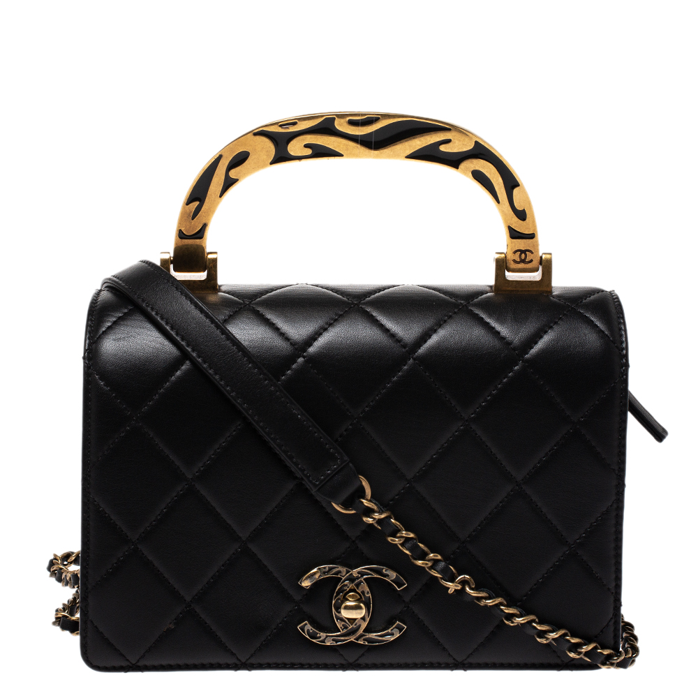 Pre Owned Chanel Black Quilted Leather Enamel Top Handle Bag