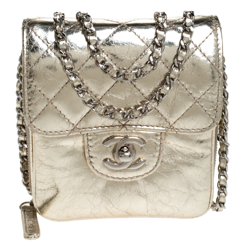 Chanel Metallic Gold Leather Clams Wallet on Chain
