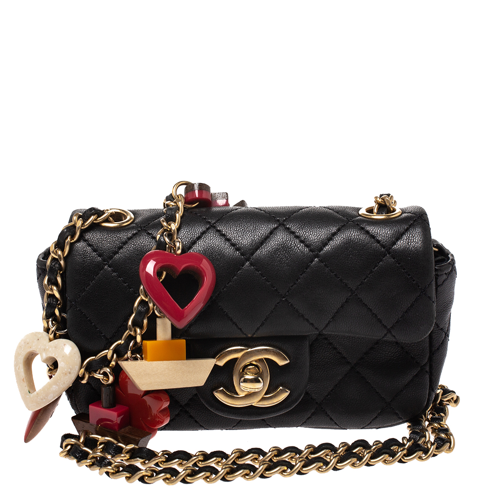 Chanel Black Quilted Leather Charms CC Mini Single Flap Bag