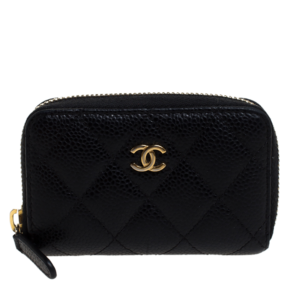 Pre Owned Chanel Black Quilted Leather Zipped Coin Purse