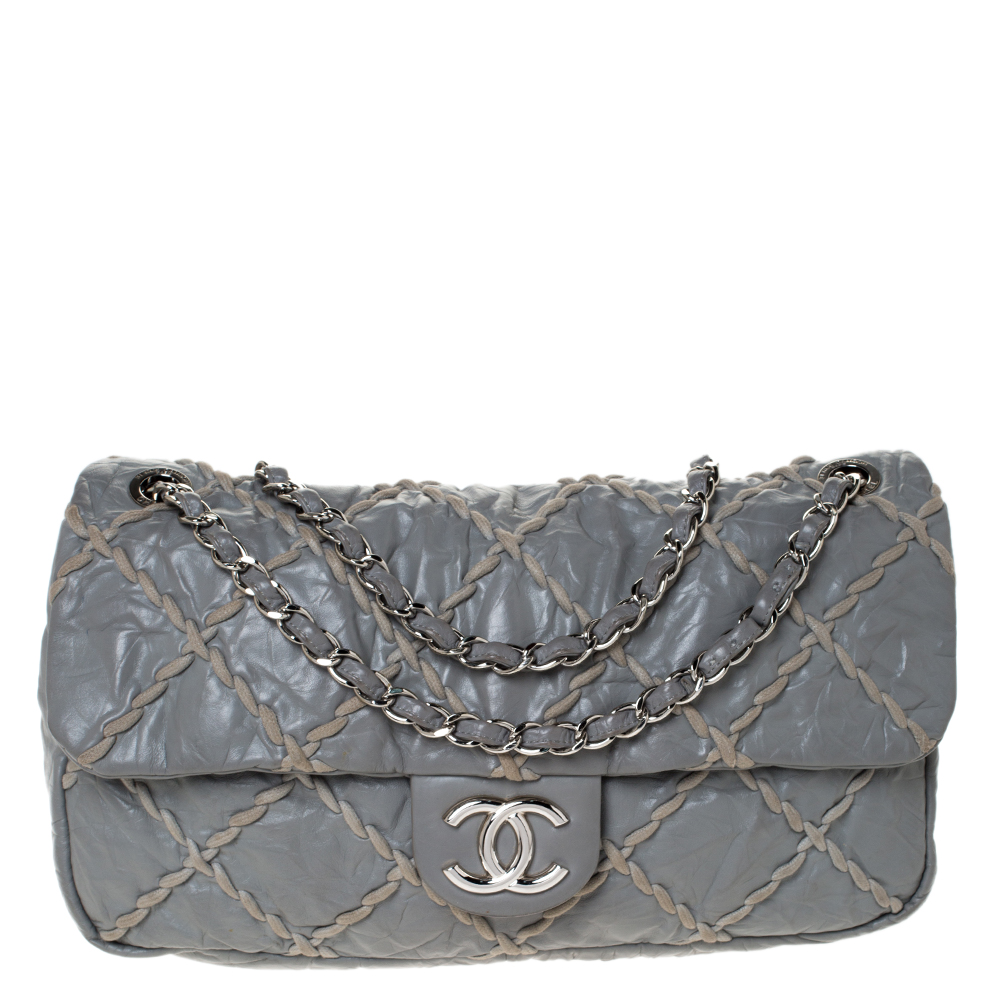 Chanel Grey Crinkled Leather Ultra Stitch Classic Flap Bag