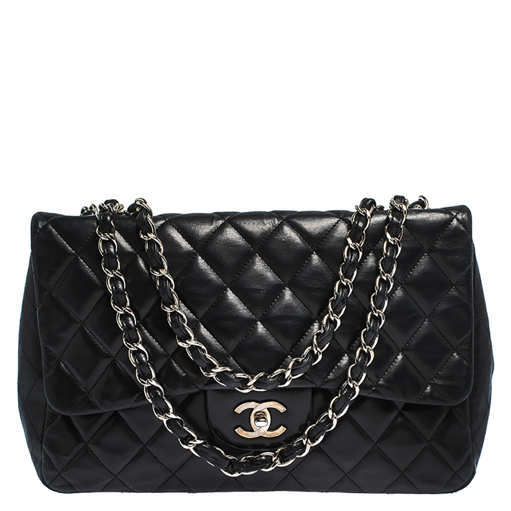 Pre Owned Chanel Black Quilted Leather Jumbo Classic Single Flap Bag
