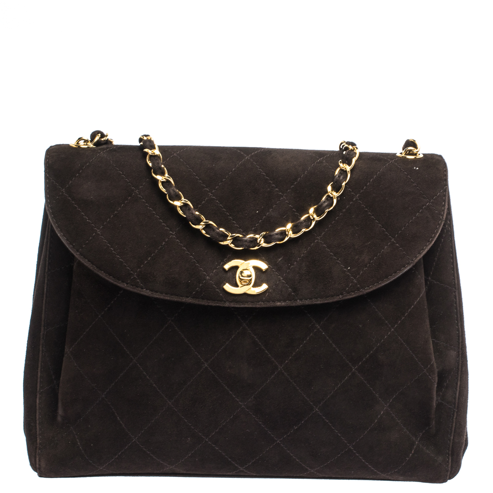 Pre Owned Chanel Dark Brown Quilted Suede Vintage Flap Bag