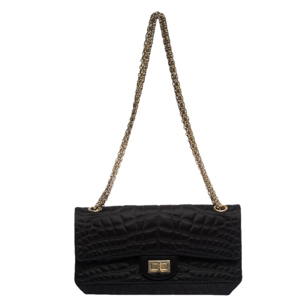 Pre Owned Chanel Black Croc Satin Reissue 225 Flap Bag