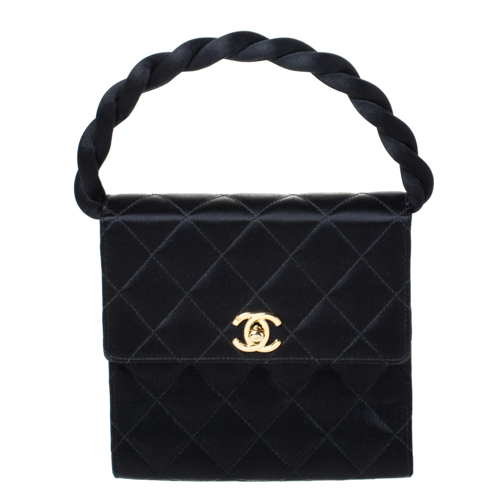 Pre Owned Chanel Black Satin Vintage Classic Flap Braided Handle Bag