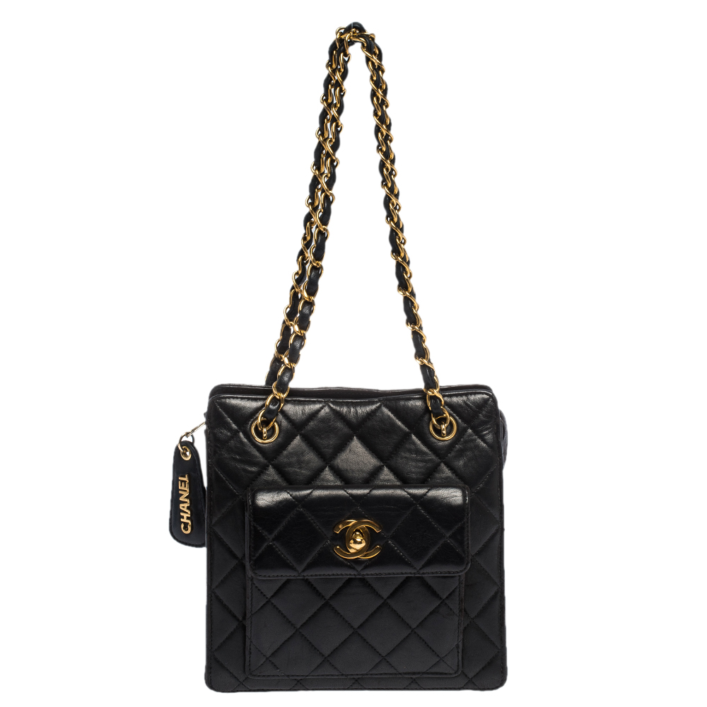 Pre Owned حقيبة شانيل "فينتدج" جيب أمامي جلد مبطن أسود 