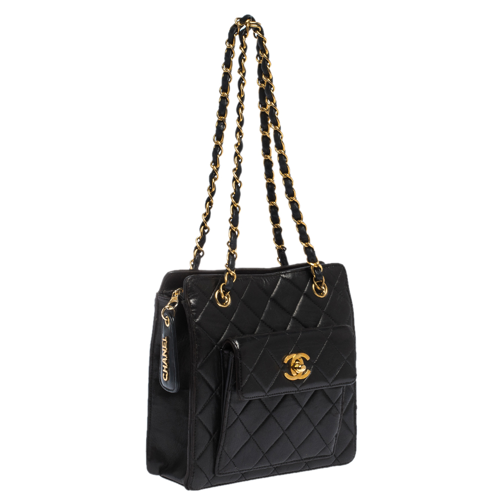 CHANEL Black Leather Front Turnlock Front Pocket Tote - The Purse