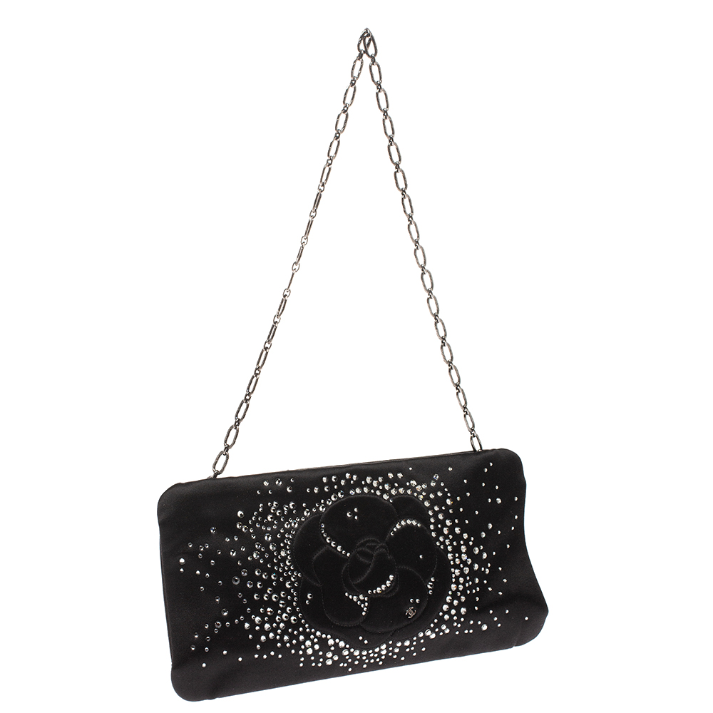 Chanel Black Satin Embellished Strass Camellia Chain Clutch