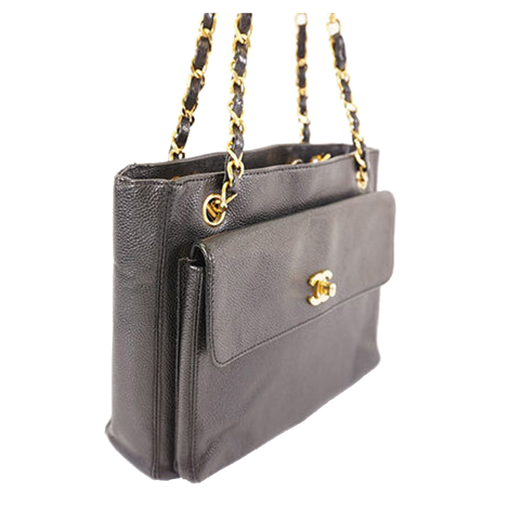 

Chanel Black Caviar Leather Front Pocket Chain Tote
