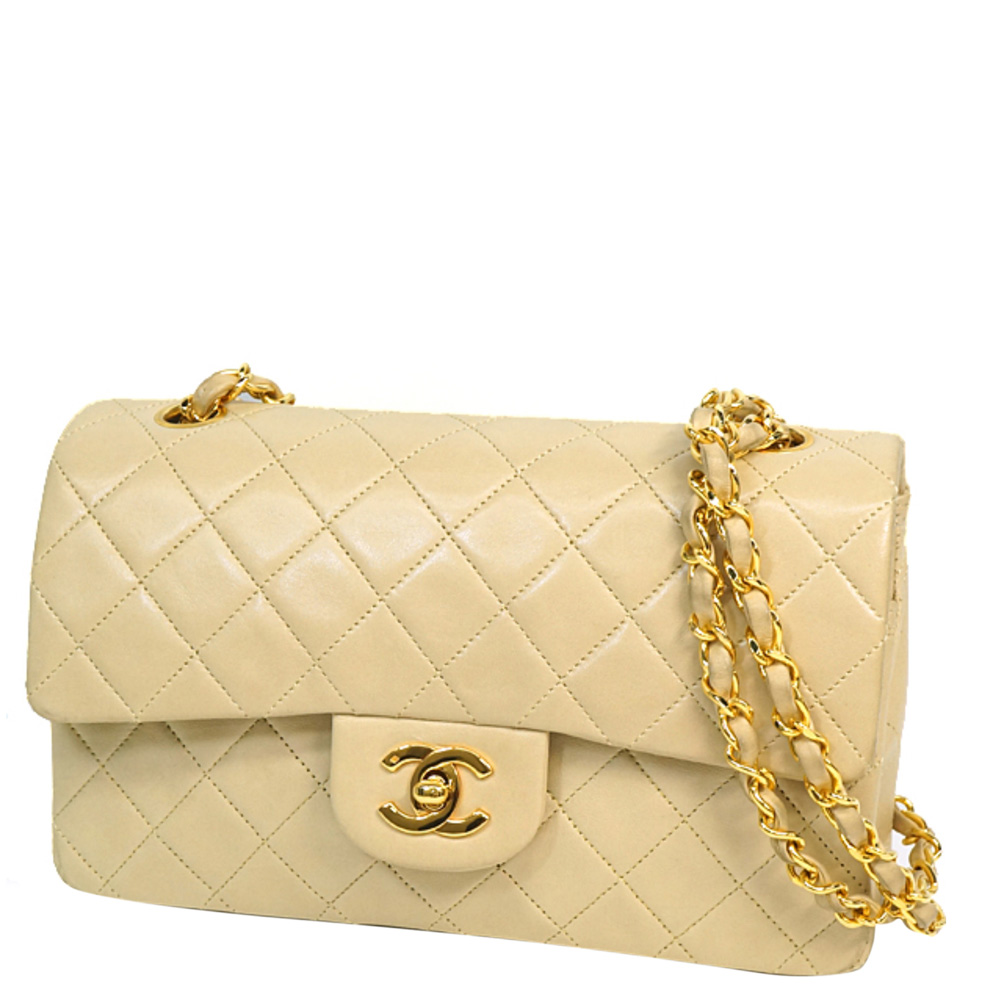 

Chanel Brown Lambskin Leather Classic Small Double Flap Bag, Beige