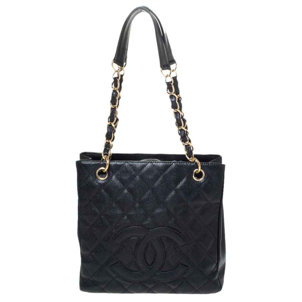 Pre Owned Chanel Black Quilted Caviar Leather Petite Shopping Tote