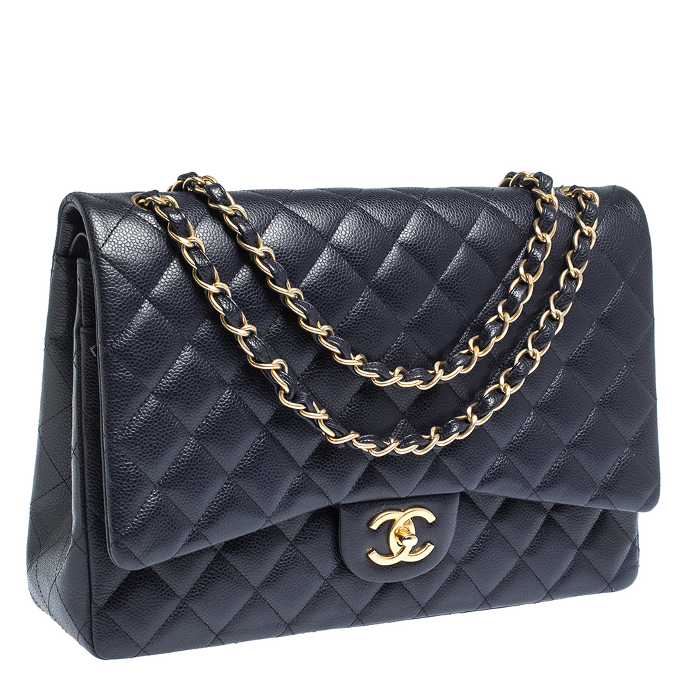 Chanel Midnight Blue Quilted Caviar Leather Maxi Classic Double