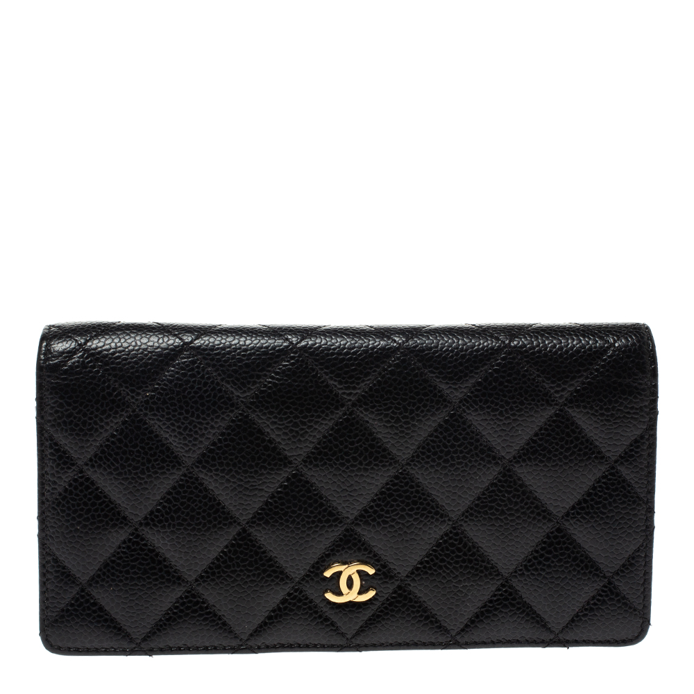 مملوكة مسبقًا Chanel Black Quilted Caviar Leather L Yen Continental Wallet
