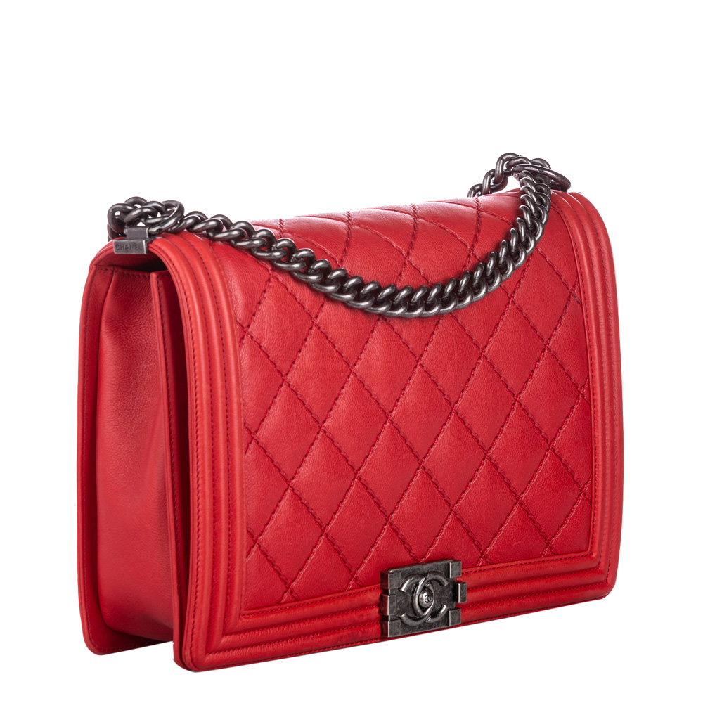 

Chanel Red Clafskin Leather  Double Stitch Boy Bag